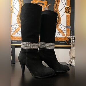 Elegant Black Suede Women's Boots with Blinged Ankle Accent